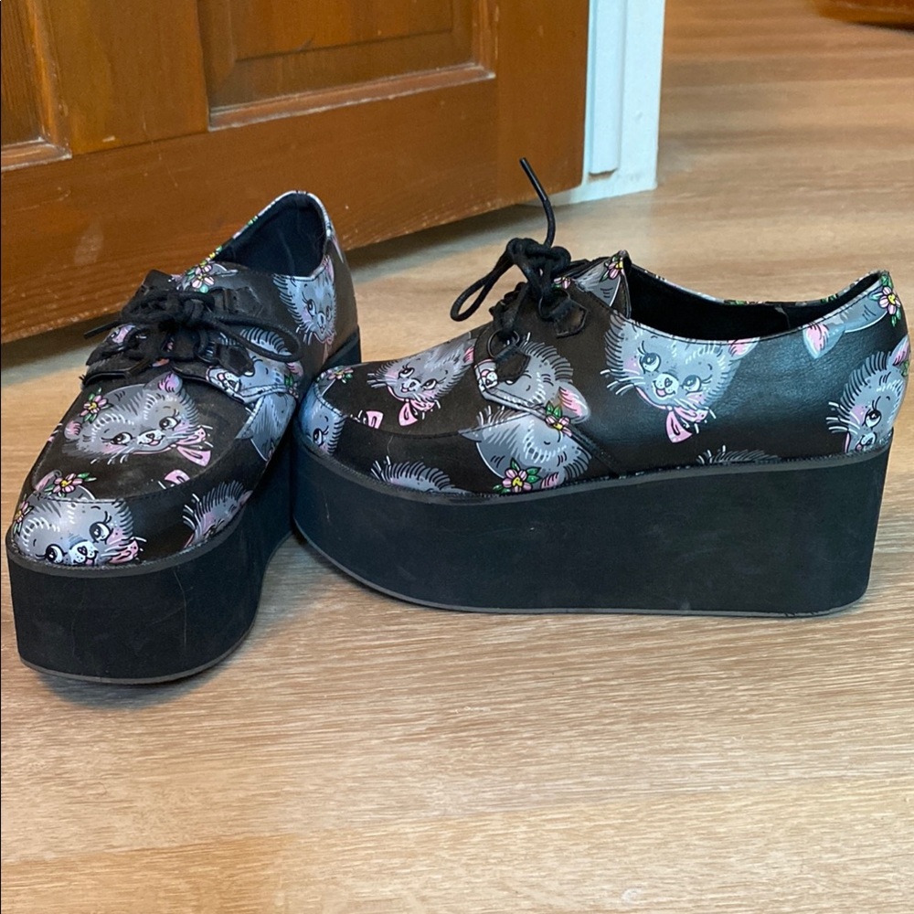 Black Vintage Cat Print Creeper Platform Shoes